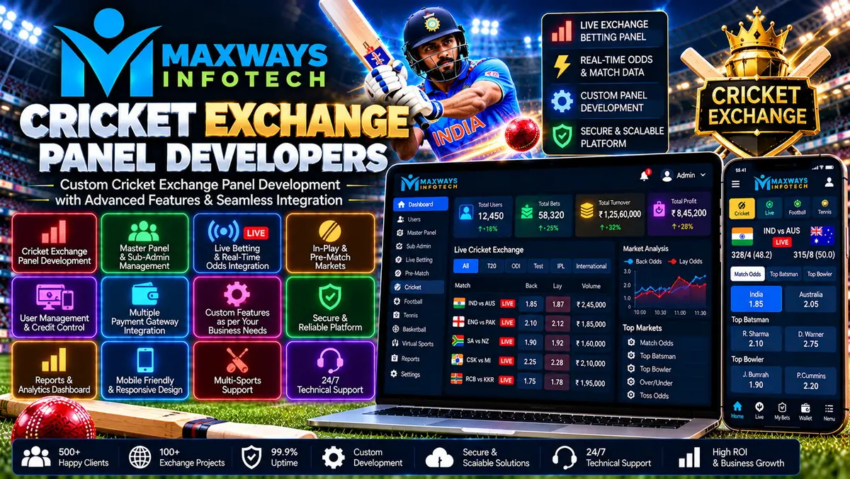 Cricket exchange panel dashboard concept showing match information, event status monitoring, API integration, and administrative controls