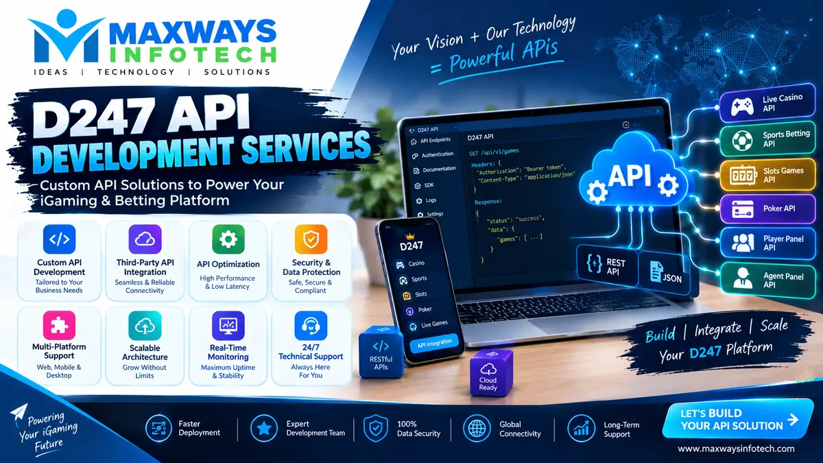 D247 API Development Services illustrating custom API development, secure software integration, data connectivity, API testing, and technical support