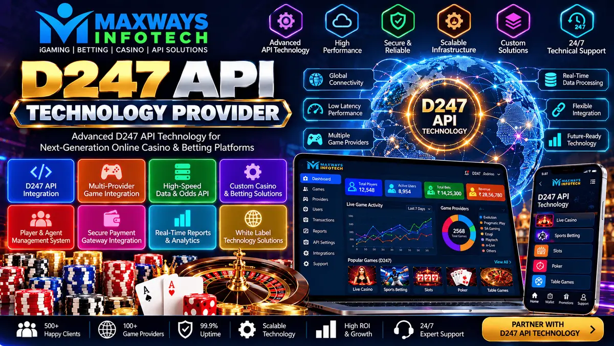 D247 API technology provider concept showing API integration, connected software systems, data exchange, testing, and technical support.