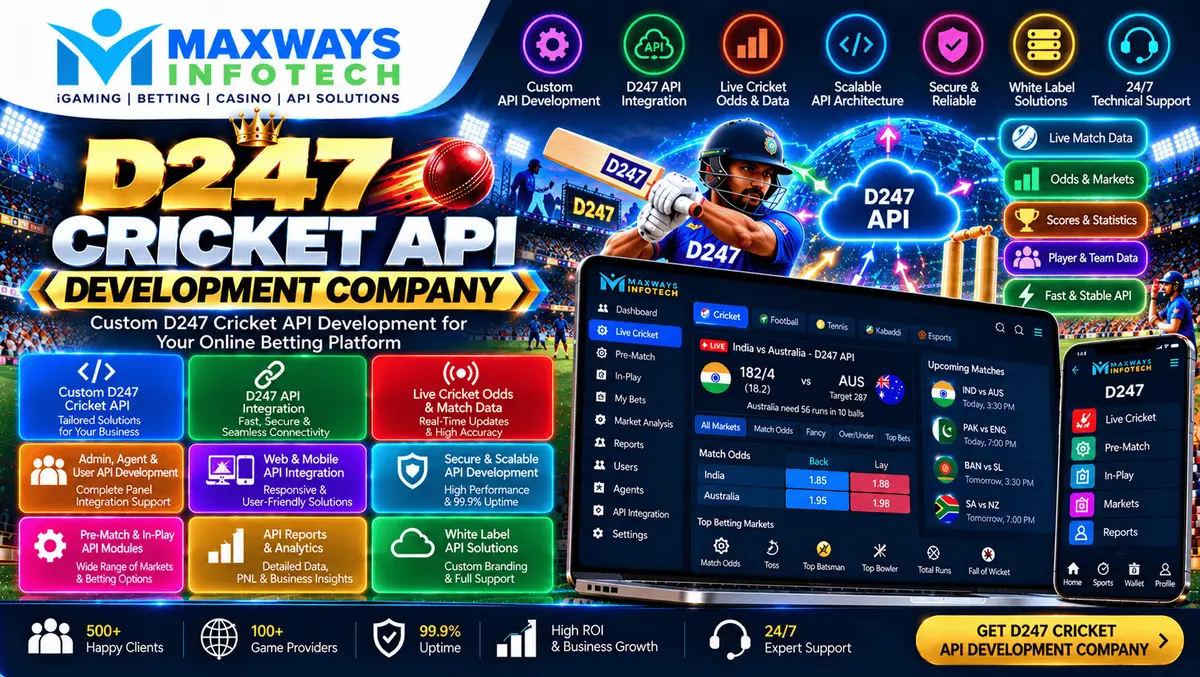 D247 Cricket API Development Company concept showing cricket data endpoints, backend integration, secure API architecture, and a match information das
