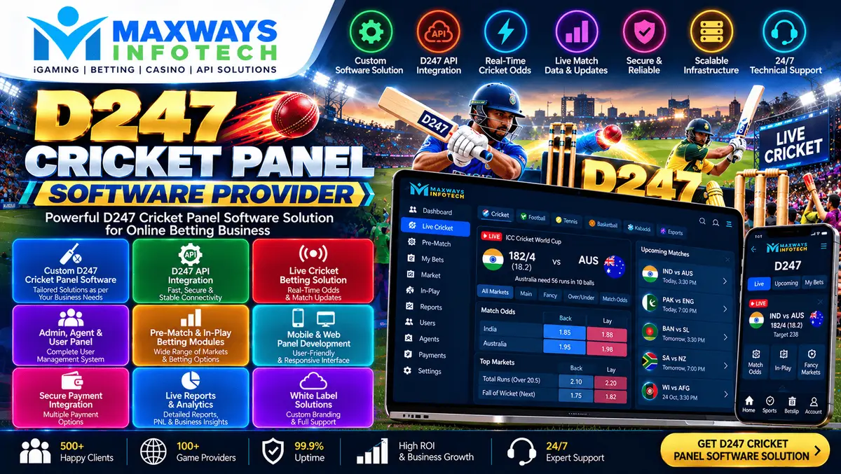 D247 cricket panel software provider concept showing a cricket dashboard, authorized match-data integration, administrative controls, and software mai