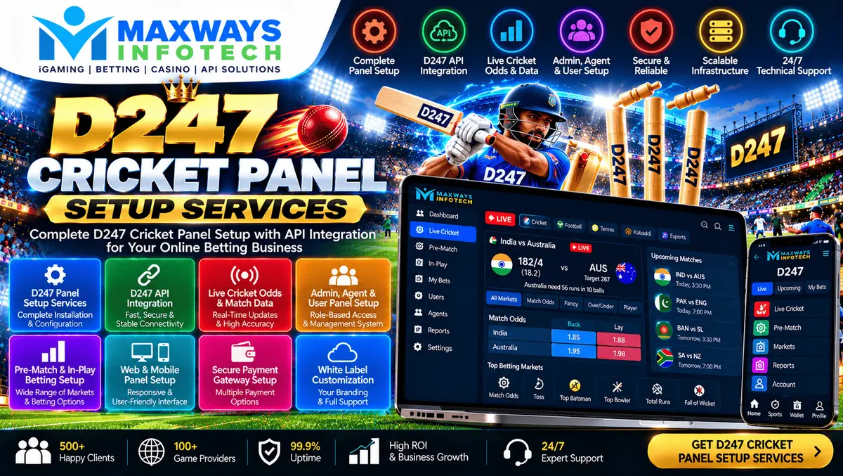 D247 Cricket Panel Setup Services concept showing a cricket administration dashboard, software configuration, API connectivity, and deployment workflo