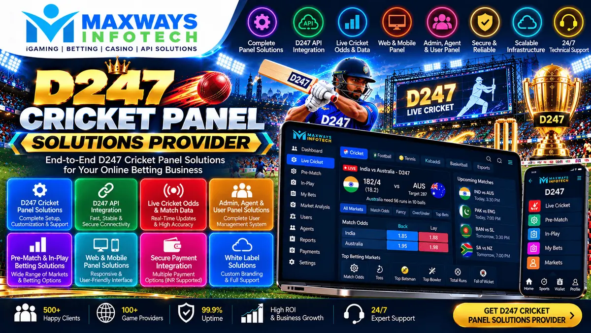 D247 Cricket Panel Solutions Provider concept showing a cricket administration dashboard, panel customisation, authorised API integration, and softwar