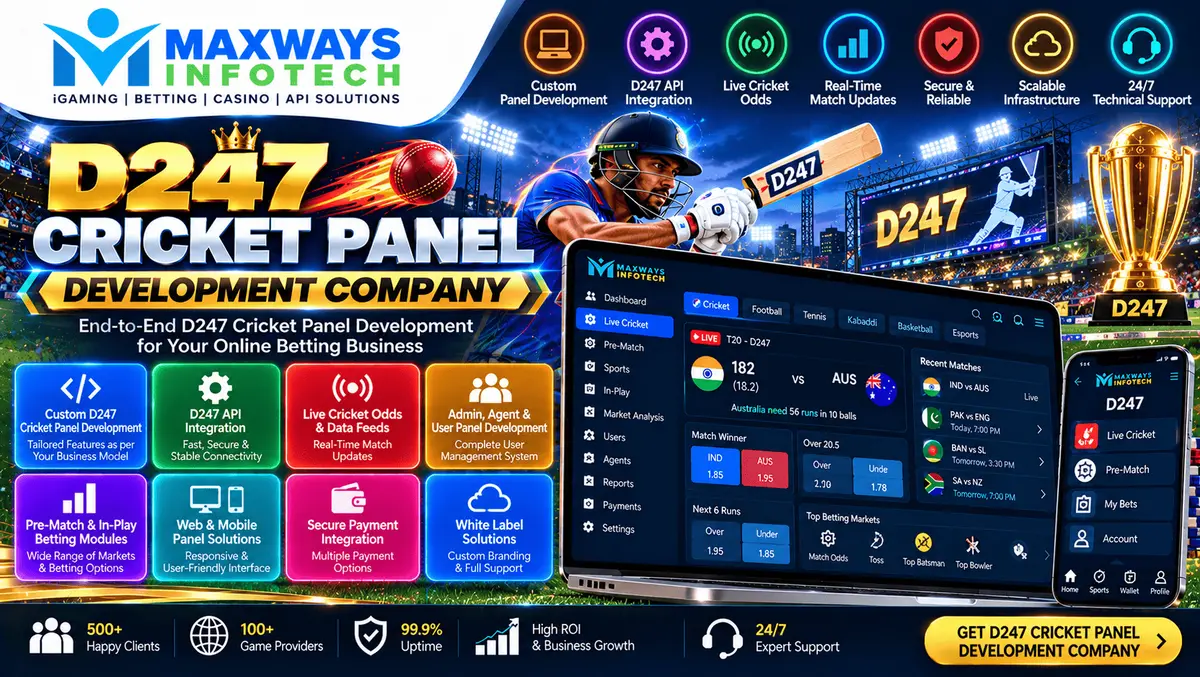D247 Cricket Panel Development Company illustrating custom cricket dashboard design, authorized cricket data integration, administrative controls, and