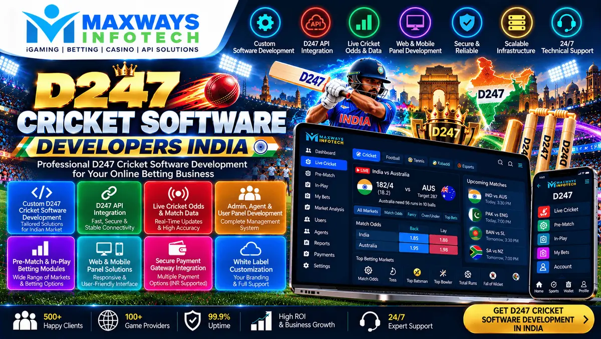 D247 Cricket Software Developers India concept showing cricket software development, a digital match dashboard, API integration, and application desig