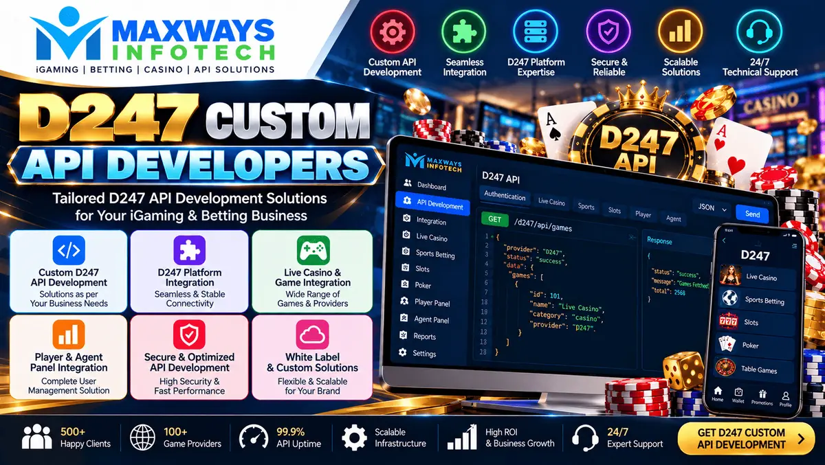 D247 custom API developers designing secure API connections, software integration workflows, data exchange, and application testing for MaxWays Infote