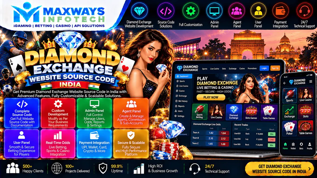 Diamond Exchange website source code India guide showing a responsive exchange website interface and software development architecture