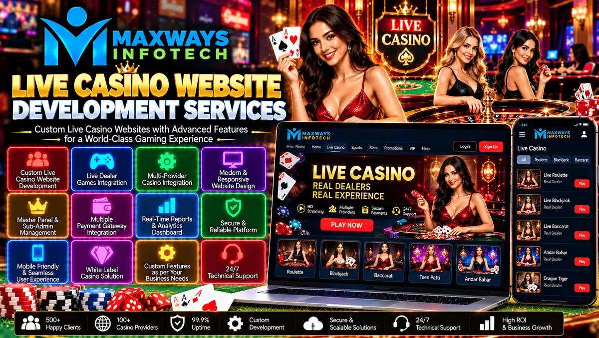 Live casino website development services featuring a responsive gaming interface, administrative dashboard, and software integration.