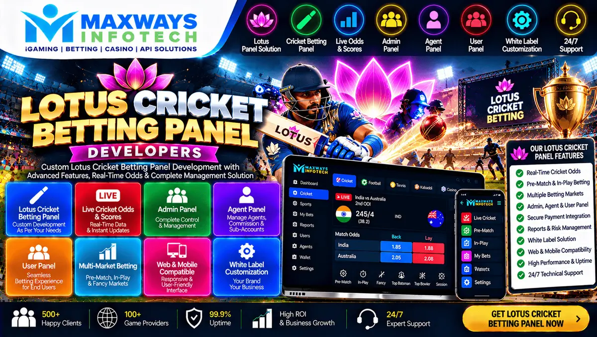 Lotus cricket betting panel development concept featuring a cricket data dashboard, administrative interface, and API integration