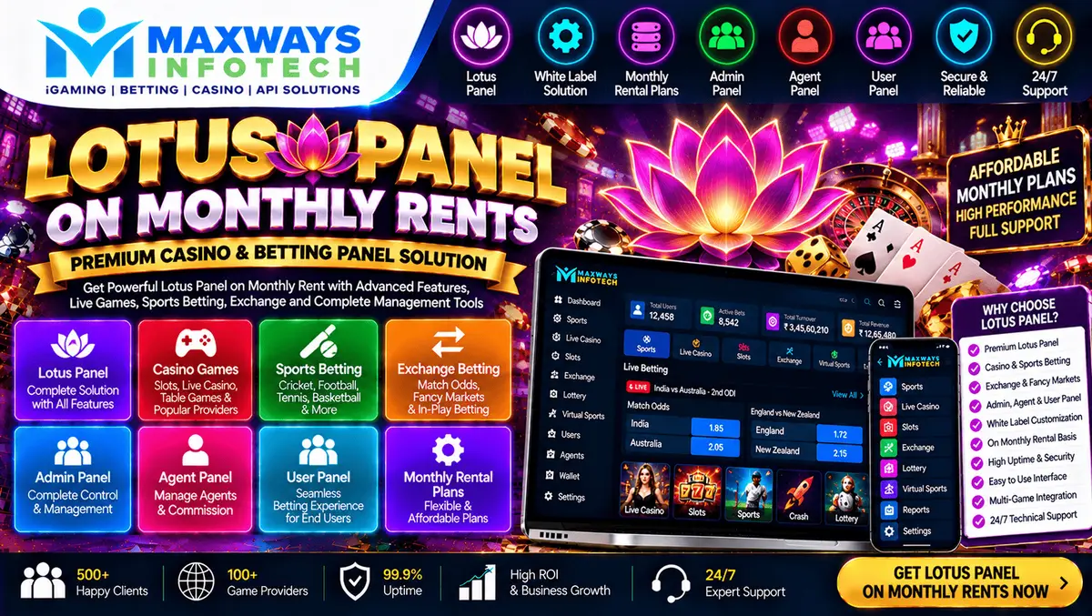 Lotus Panel monthly rental software concept showing an administration dashboard and panel configuration
