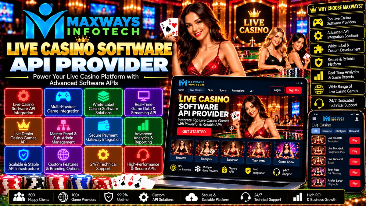 Live casino software API provider connecting compatible gaming services with a website through secure software integration