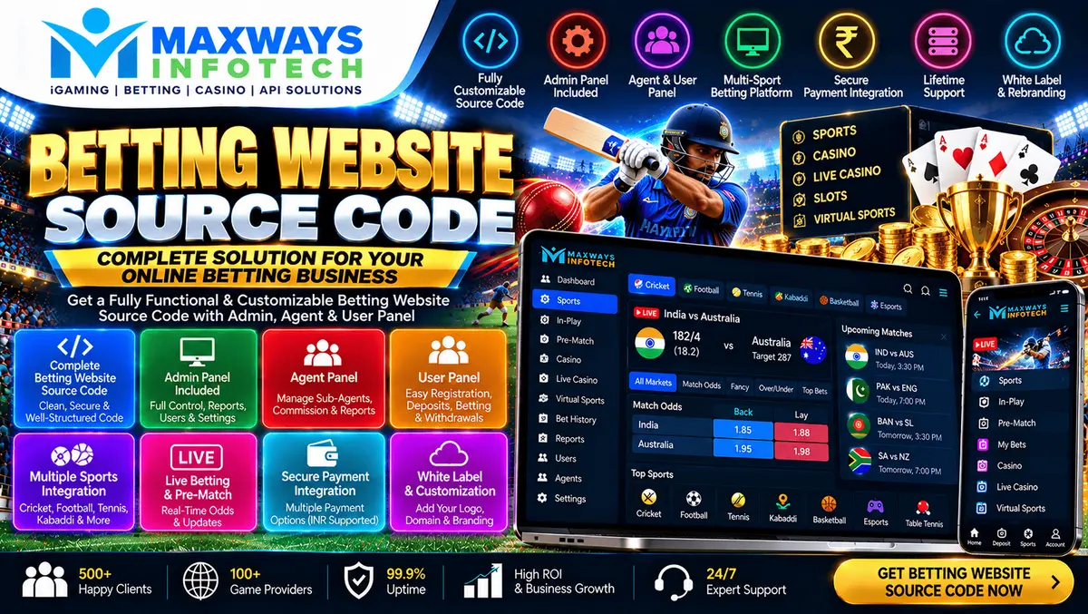 Betting website source code concept showing website architecture, frontend and backend development, API integration, and security planning.