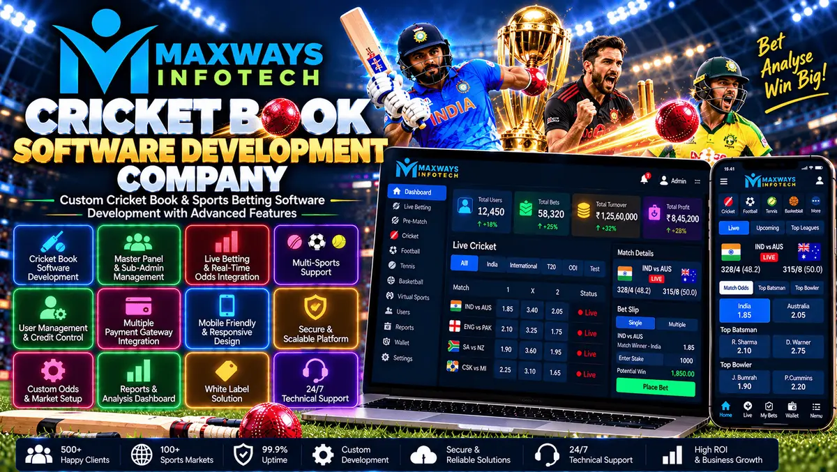 Cricket software development concept showing a match scorecard, player statistics dashboard, data integration, and application architecture