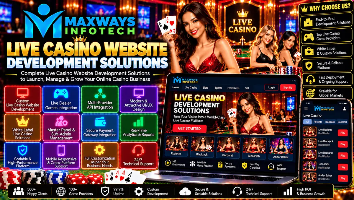 Live casino website development solutions featuring a responsive gaming platform, custom interface design, and API integration