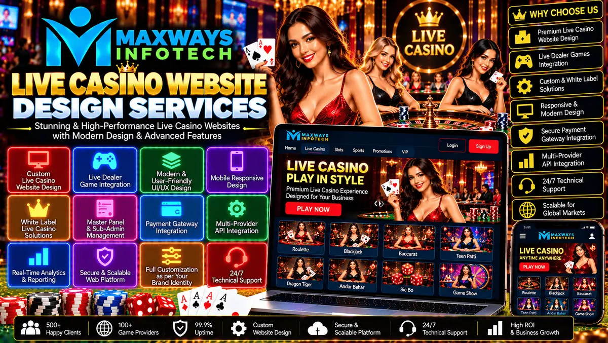Live casino website design services featuring a responsive gaming website layout, modern interface, and custom branding
