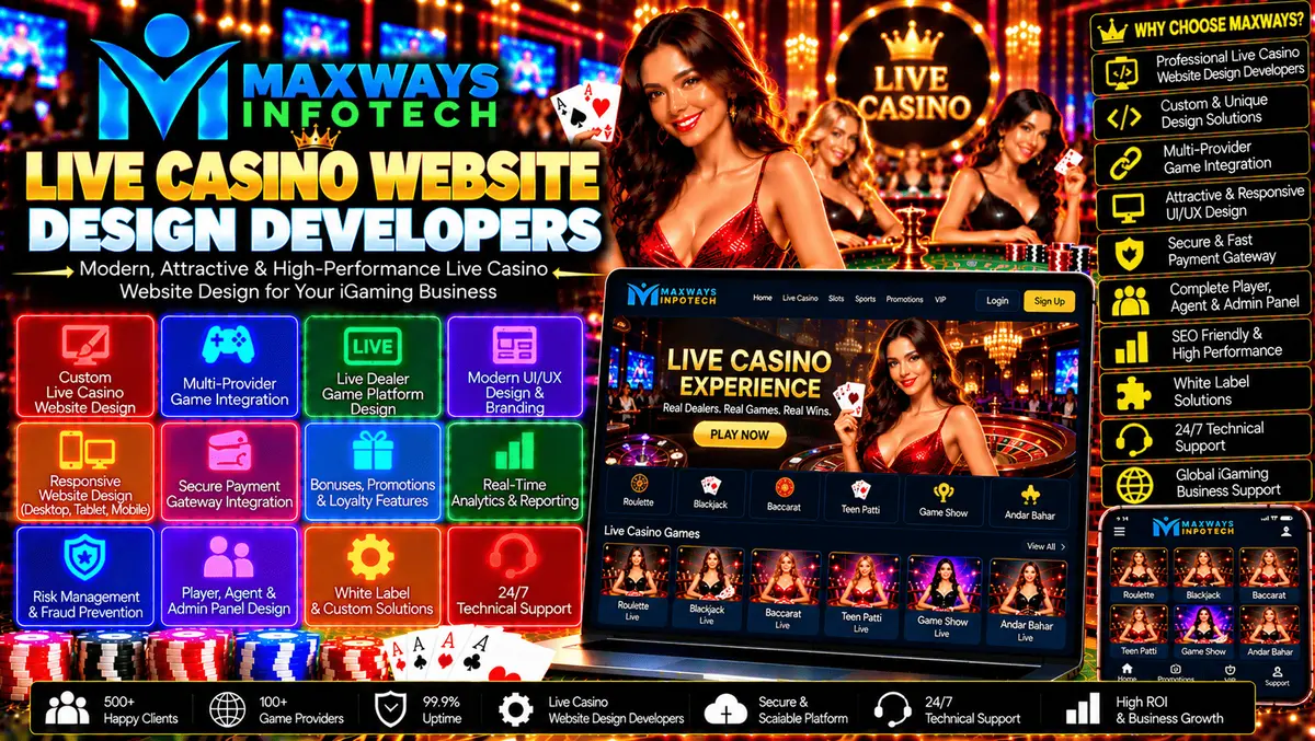 Live casino website design developers creating a responsive casino website with custom branding, intuitive navigation, and API integration.