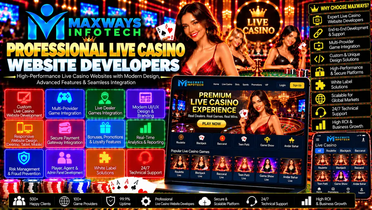 Professional live casino website developers designing a responsive website with custom branding, API connectivity, and secure administration features.