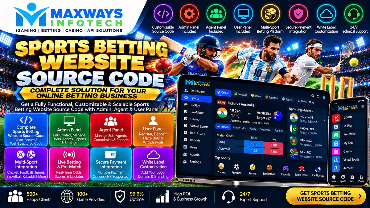 Sports betting website source code concept showing frontend and backend architecture, sports data API integration, and secure software development.