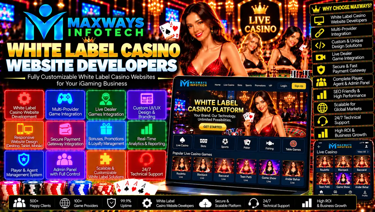 White label casino website developers designing a responsive branded casino website with custom interface elements and API integration.