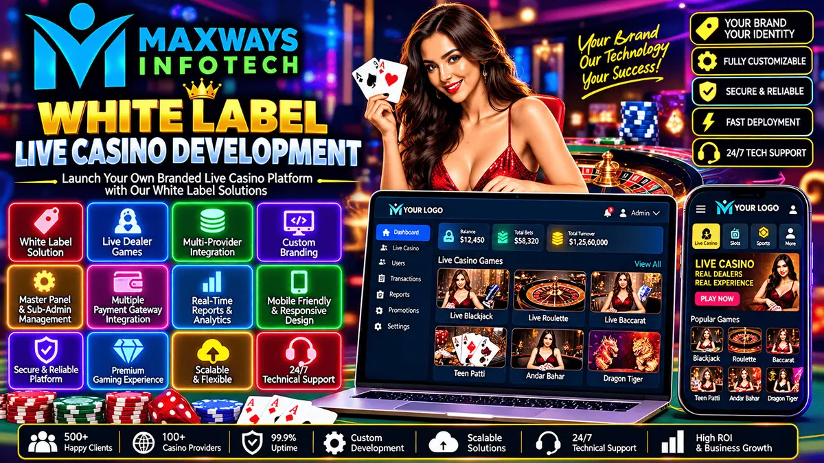 White label live casino development featuring branded website design, customizable software, and administrative dashboard functionality.