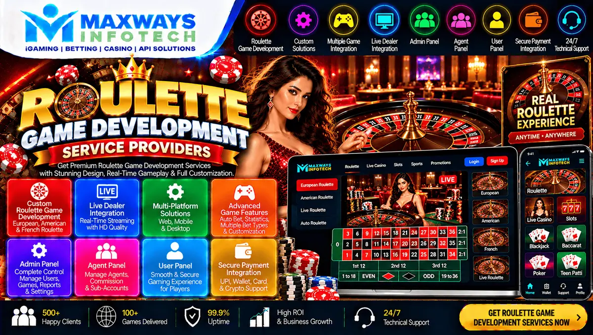 Roulette game development service providers guide featuring a digital roulette wheel and game software interface